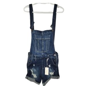 KanCan LA Distressed Jean Short Overalls Women's Size M Cotton Denim Blue